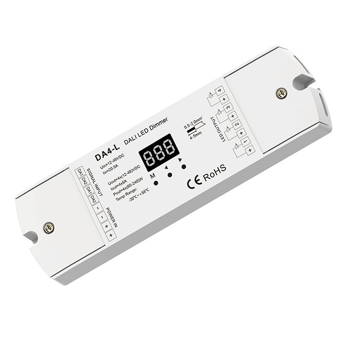 DA4-L 4CH*5A 12-48VDC Constant Voltage PWM DALI LED Dimmable LED Controller DA4-L 4CH*5A 12-48VDC Constant Voltage PWM DALI LED Dimmable LED Controller